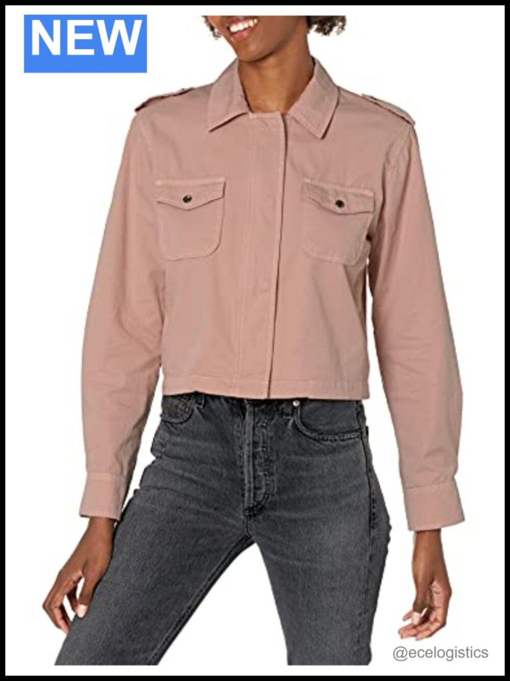 Cotton Twill Cropped Jacket Long Sleeve Snap Closure